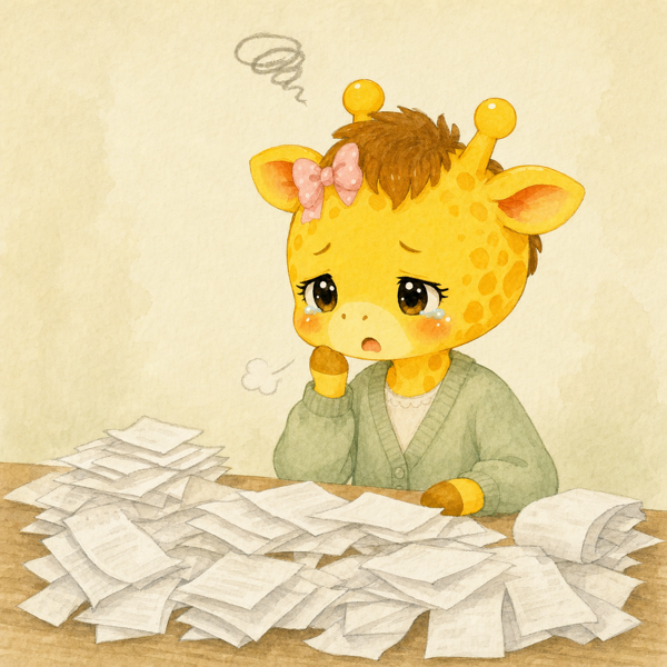 Before：領収書の山を前に困るキリンちゃん